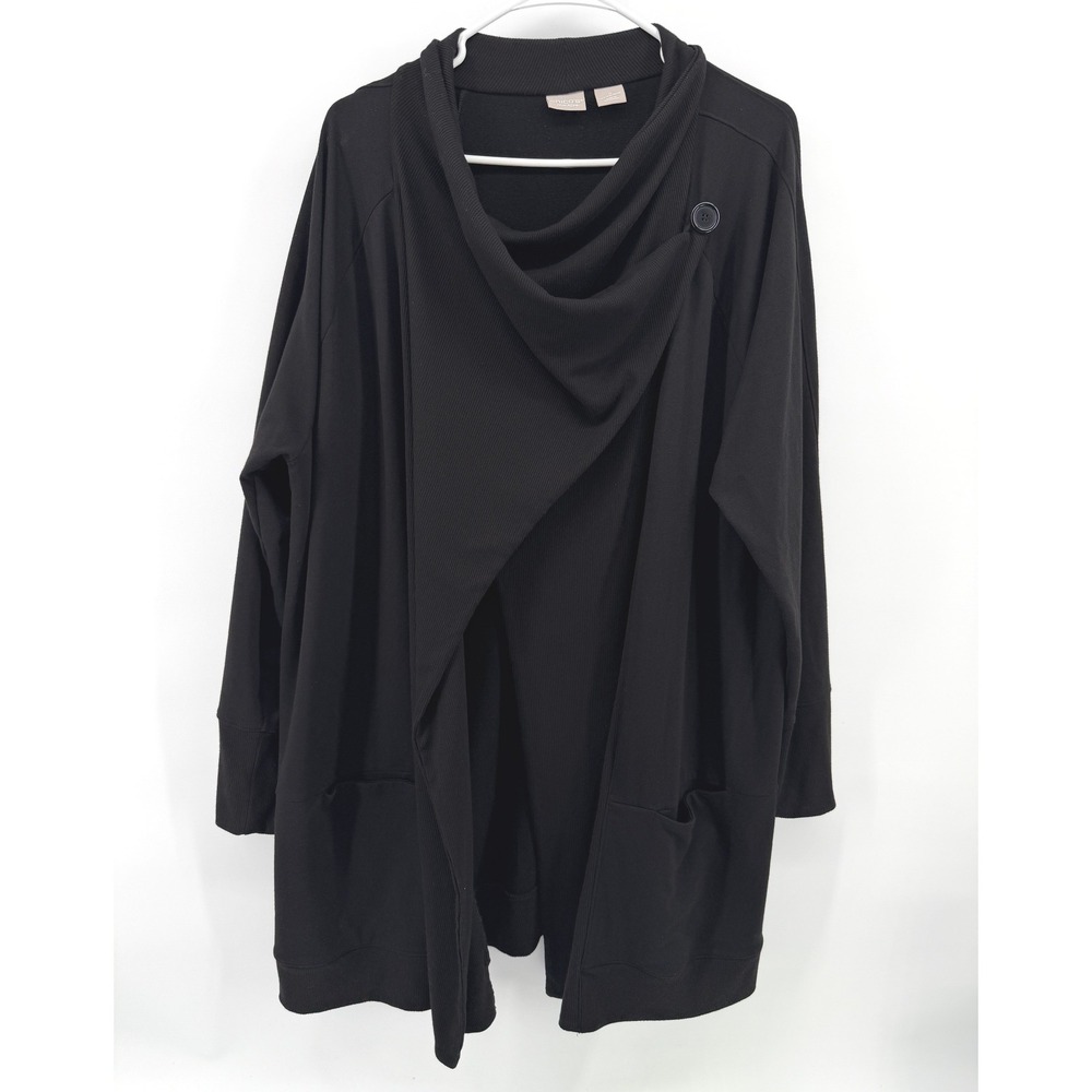 Chico's Zenergy Cardigan Women 4 20/22 Black Cowl Neck Button Wrap Ribbed Knit